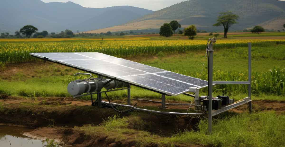 Image illustrating a Solar Submersible Pump array in a rural field